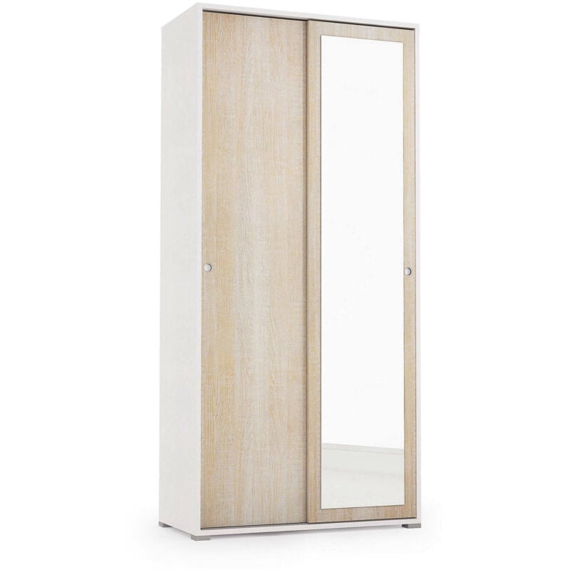 foto del prodotto dmora guardaroba abduhl, armadio a 2 ante scorrevoli e specchio, mobile con barra appendiabiti e ripiani, 100 made in italy, 90x45h195 cm, rovere