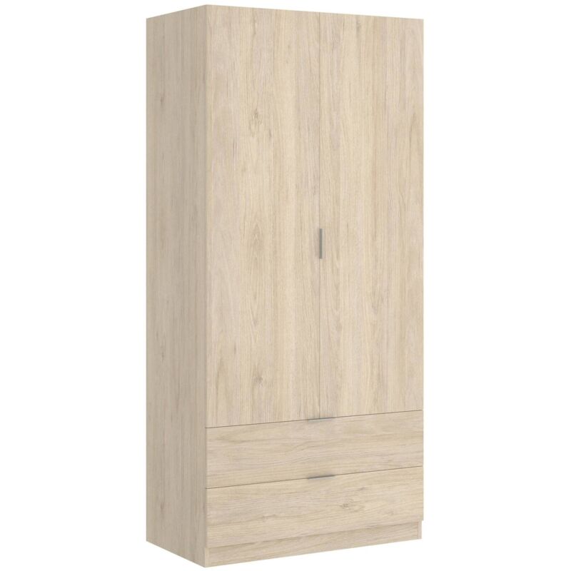 foto del prodotto dmora guardaroba pisanino, mobile appendiabiti per camera da letto, armadio a 2 ante battenti e 2 cassetti, 81x52h184 cm, rovere, con imballo