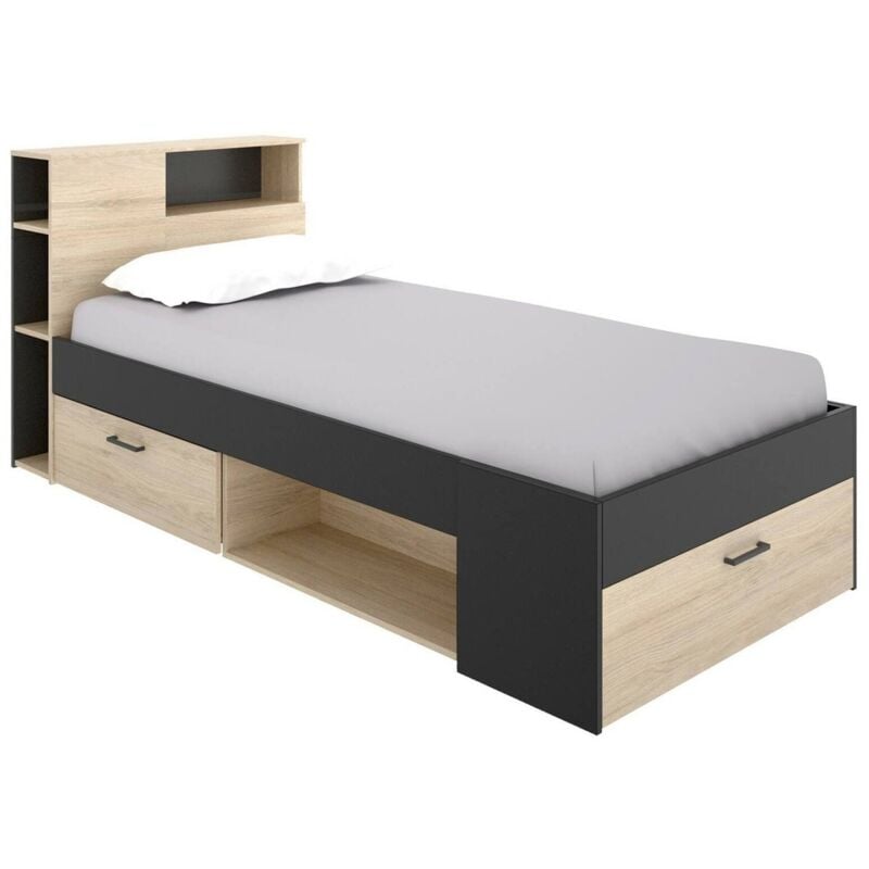foto del prodotto dmora letto per bambini cristallo, lettino per cameretta con testiera, struttura per letto singolo con cassetto e scaffali, 218x99h96 cm, rovere e