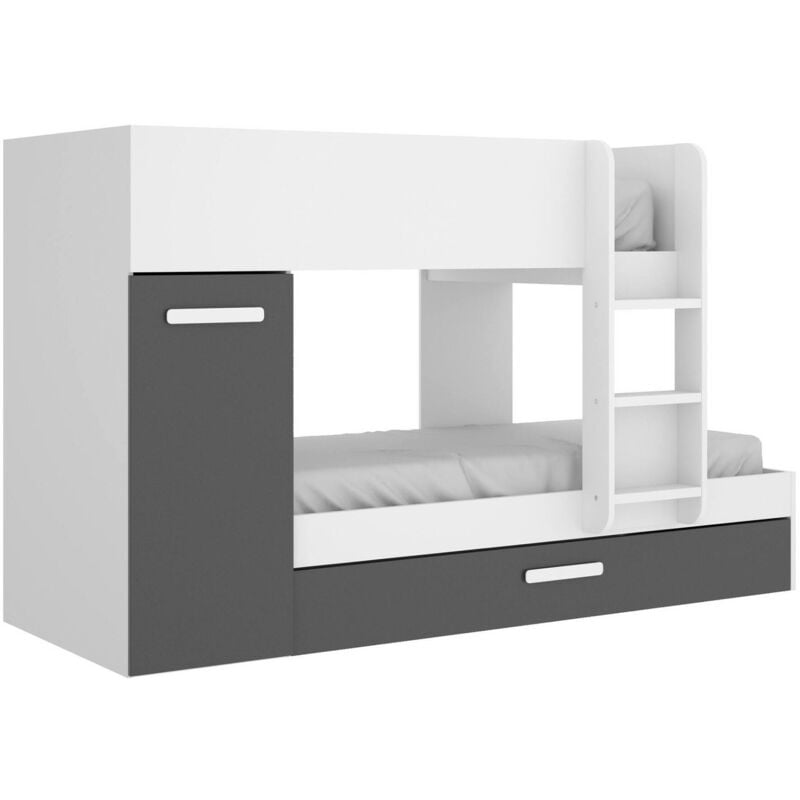 foto del prodotto dmora letto per bambini eiger, cameretta completa con armadio e cassetto, composizione letto a castello con due lettini singoli, 244x112h150 cm,