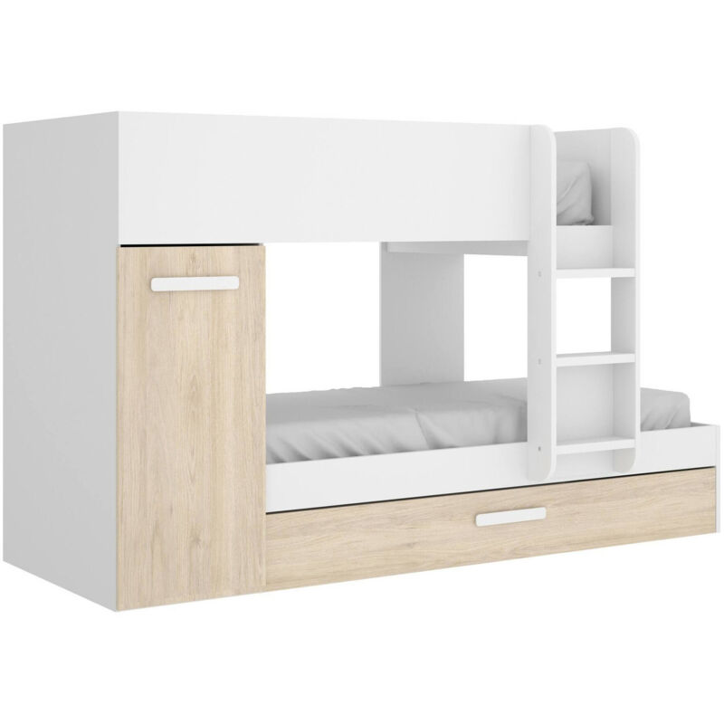 foto del prodotto dmora letto per bambini eiger, cameretta completa con armadio e cassetto, composizione letto a castello con due lettini singoli, 244x112h150 cm,