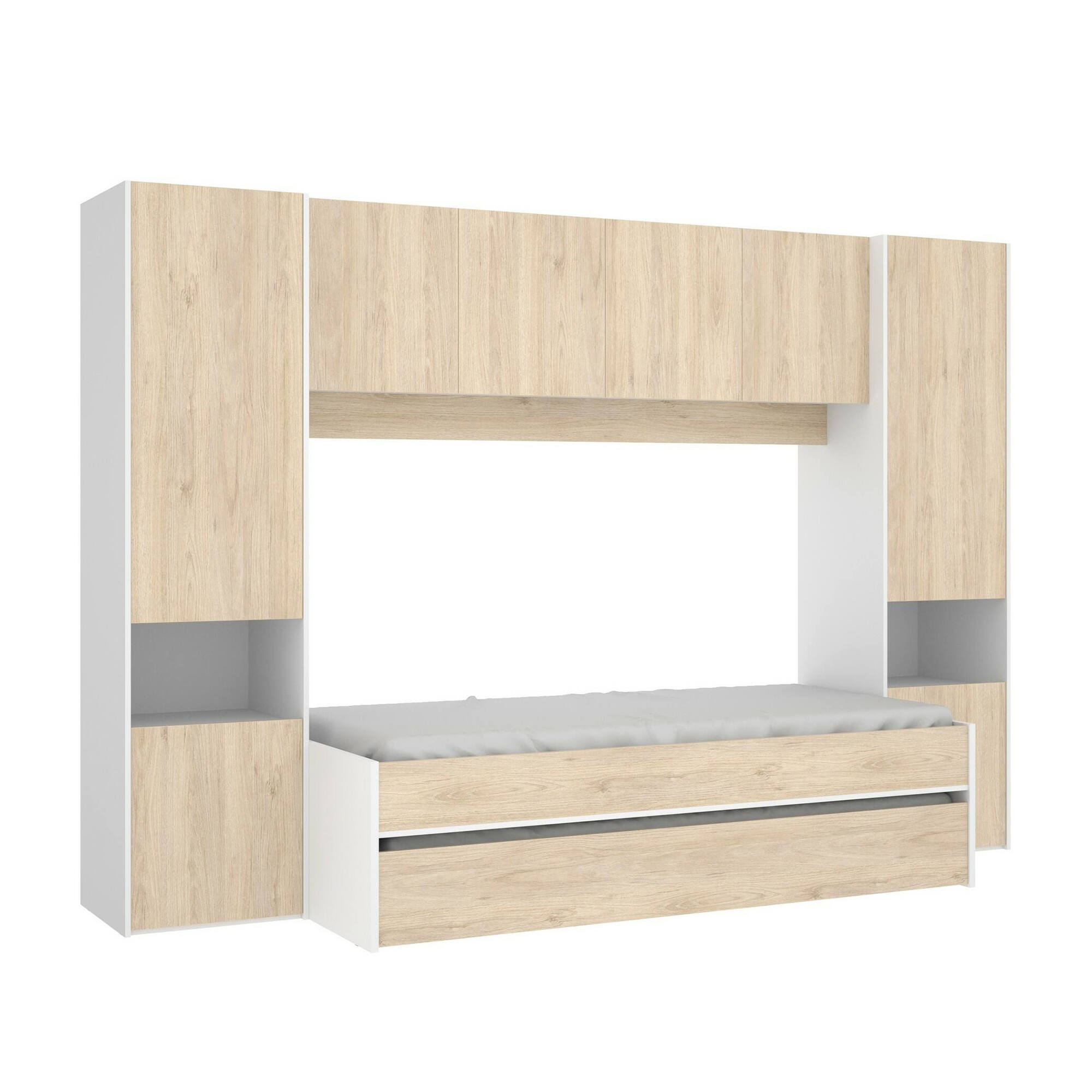 foto del prodotto dmora letto per bambini venturosa, cameretta completa con armadio a ponte e cassettone, composizione con letto e lettino singolo estraibile,