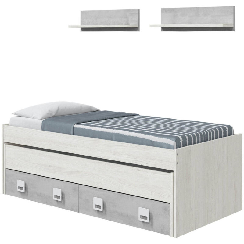 foto del prodotto dmora letto per bambini waycross, struttura letto per cameretta, letto singolo con lettino estraibile e 2 cassetti e 2 mensole, 199x96h65, bianco e