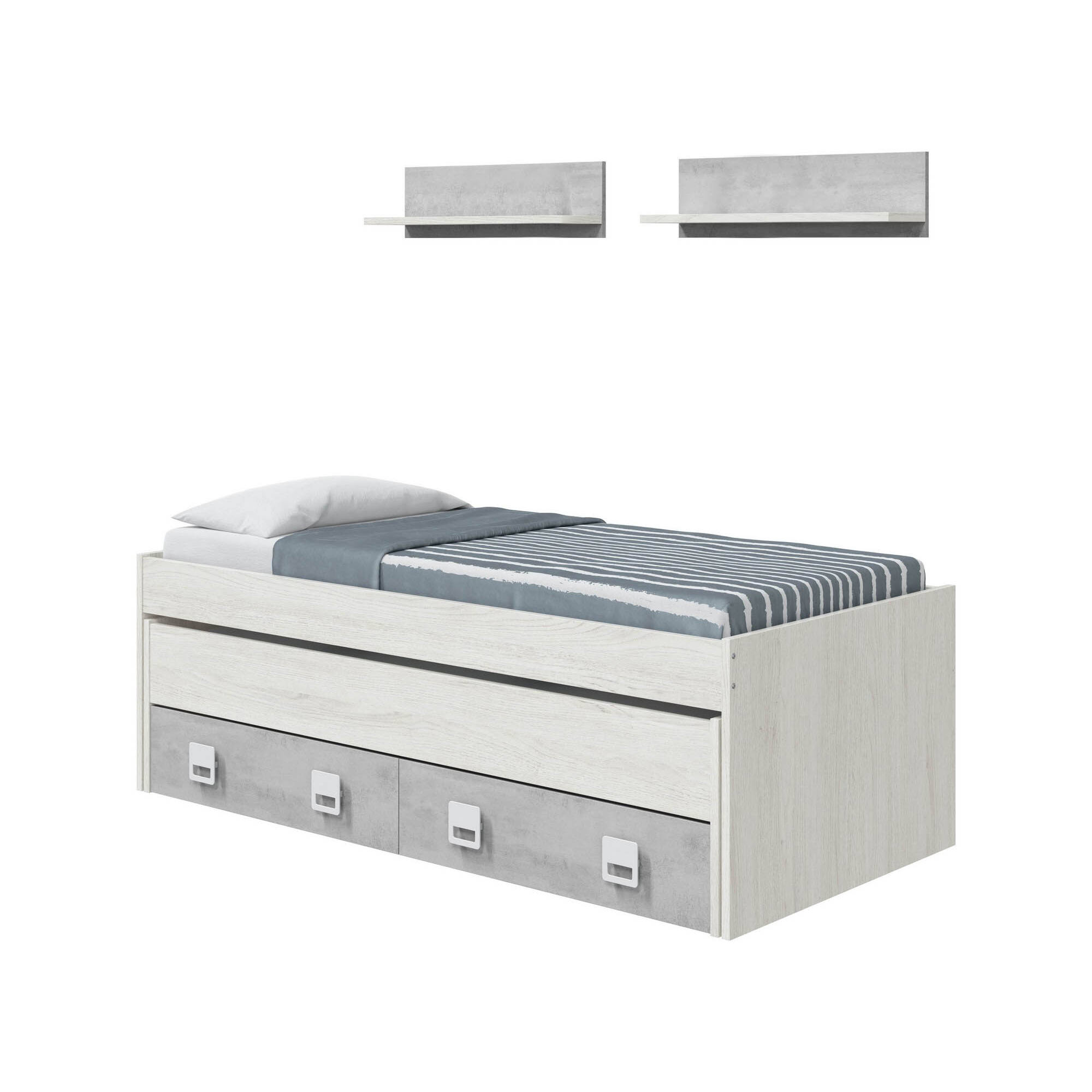 foto del prodotto dmora letto per bambini waycross, struttura letto per cameretta, letto singolo con lettino estraibile e 2 cassetti e 2 mensole, 199x96h65, bianco e