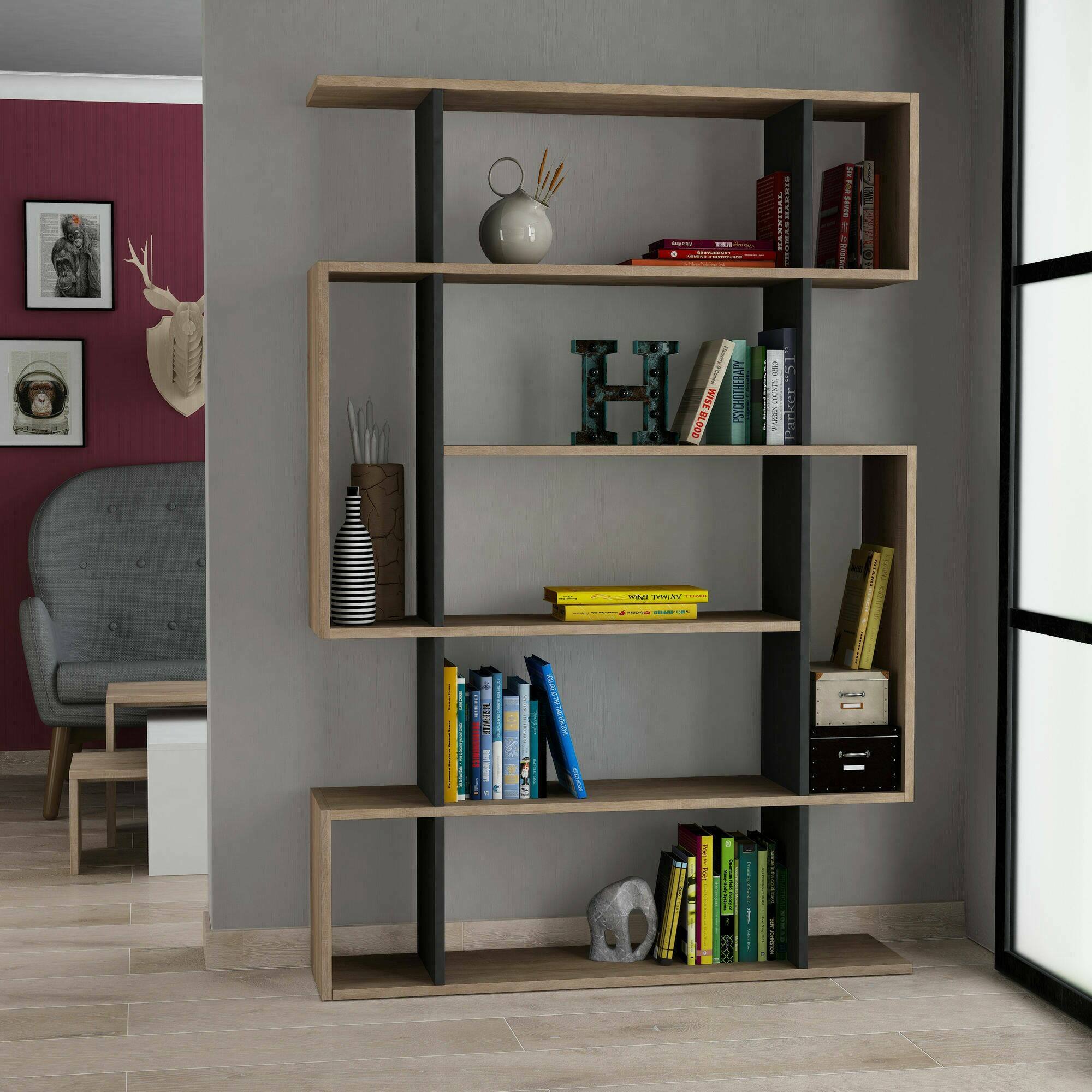 foto del prodotto dmora libreria agamermis, scaffale da ufficio, mobile portalibri, biblioteca, 110x26h161 cm, quercia e antracite