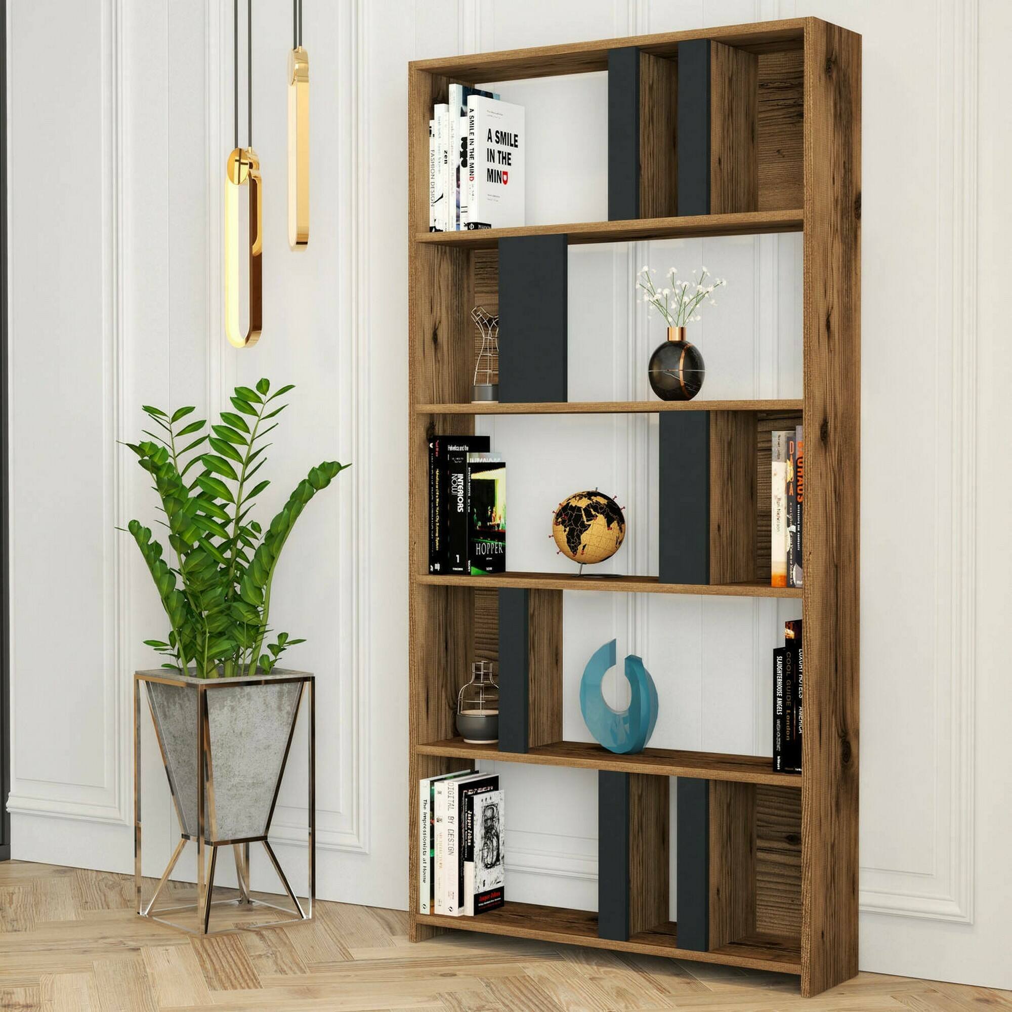foto del prodotto dmora libreria algieba, scaffale da ufficio, mobile portalibri, biblioteca, 90x20h180 cm, noce e antracite, con imballo rinforzato, con imballo