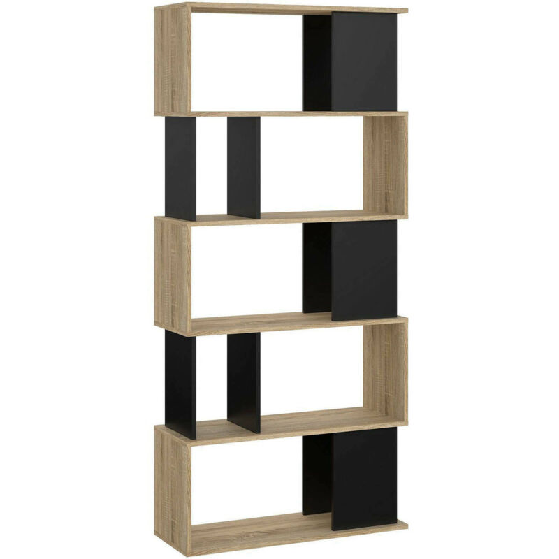 foto del prodotto dmora libreria con cinque ripiani asimmetrici, colore rovere e nero, misure 80 x 175 x 29 cm, con imballo rinforzato