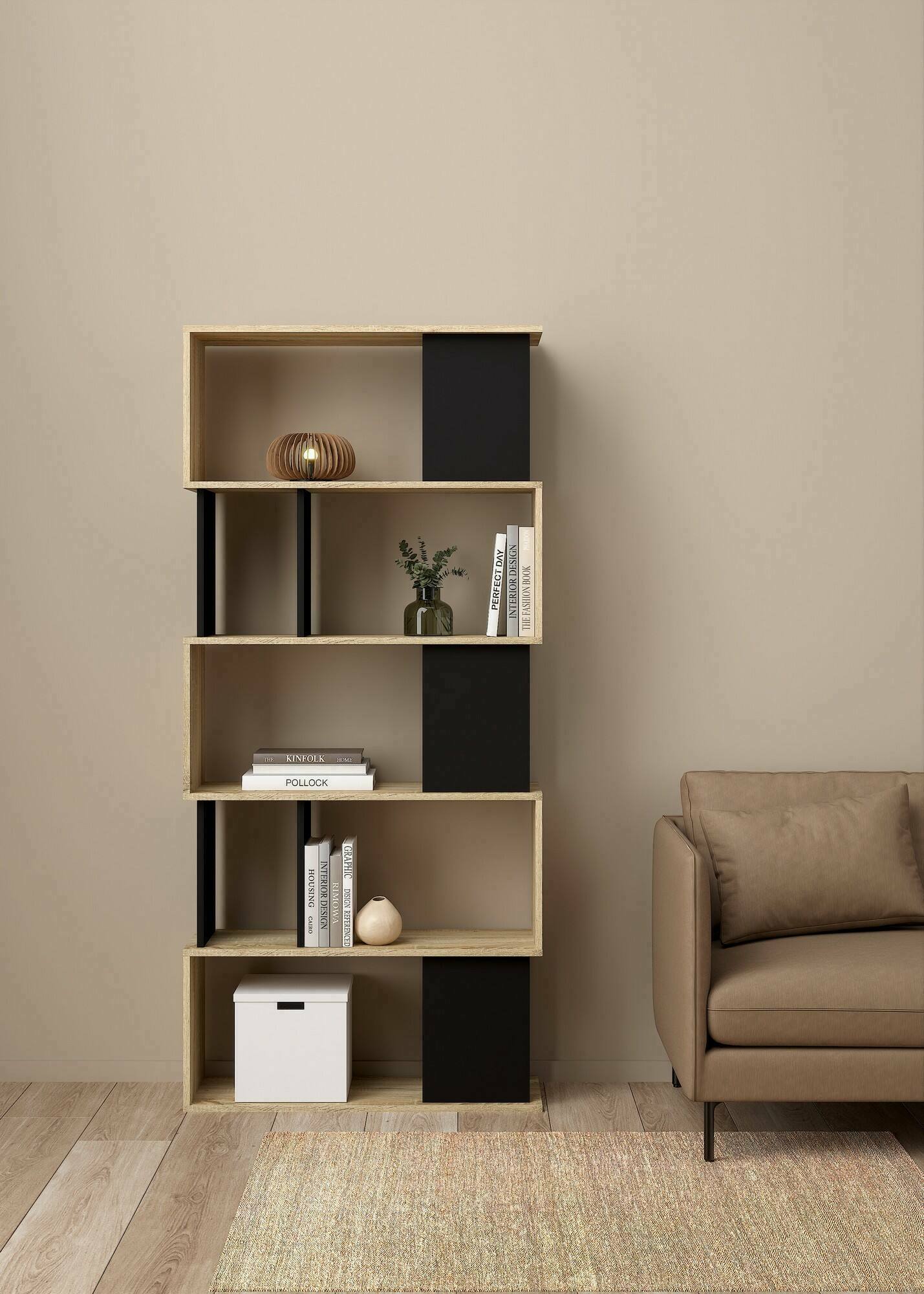 foto del prodotto dmora libreria con cinque ripiani asimmetrici, colore rovere e nero, misure 80 x 175 x 29 cm, con imballo rinforzato