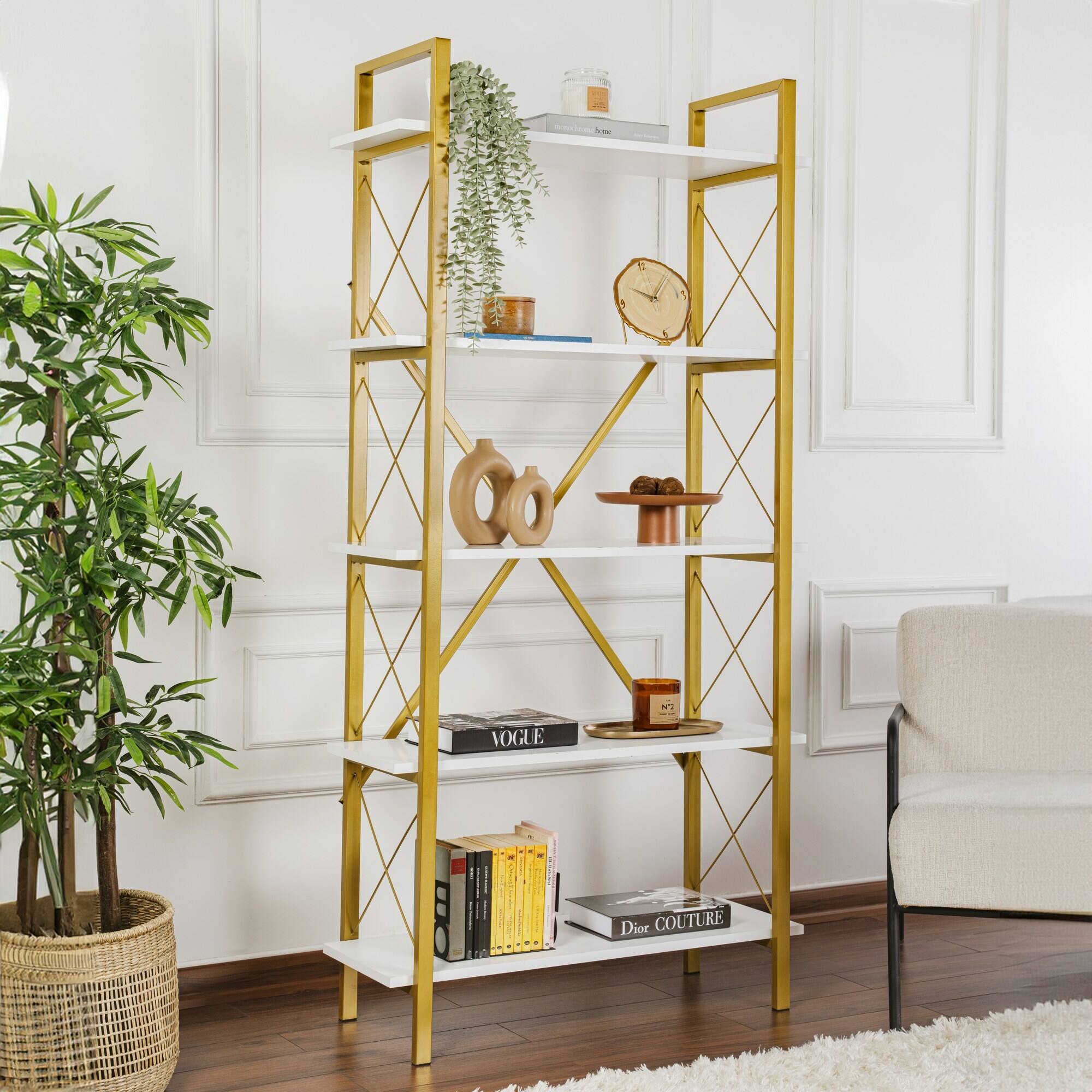 foto del prodotto dmora libreria martone, scaffale da ufficio, mobile portalibri, biblioteca, 90x34 h180 cm, bianco e oro