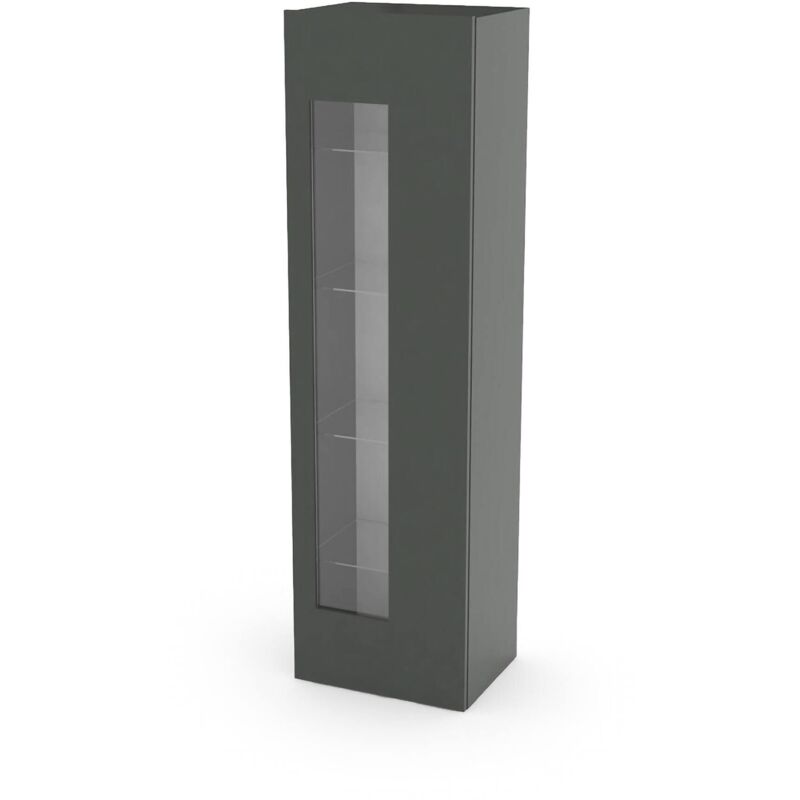 foto del prodotto dmora mobile a colonna con anta a vetro, made in italy, credenza con ripiani, vetrinetta da soggiorno, cm 45x34h162, colore antracite lucido, con