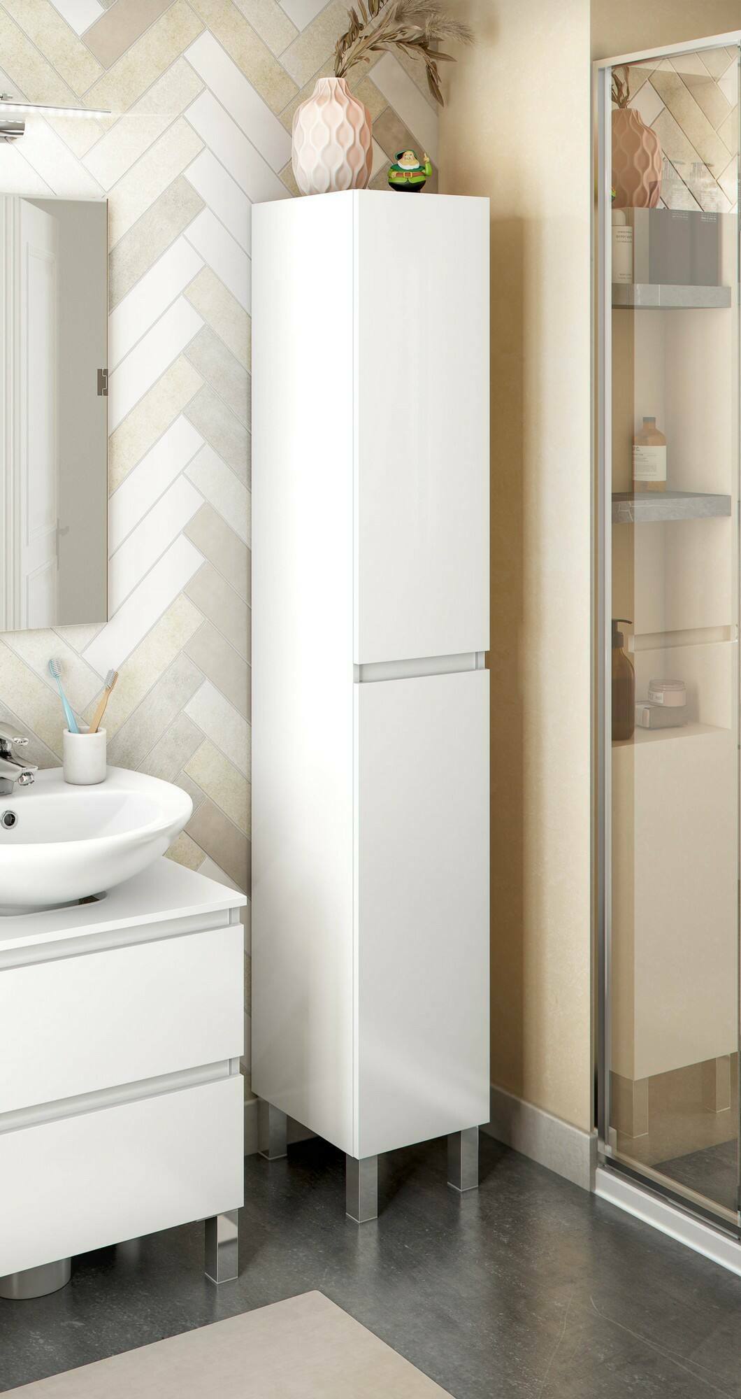 foto del prodotto dmora mobile colonna noru, pensile bagno o cucina, armadio alto multifunzione, mobiletto multiuso, 30x35 h182 cm, bianco lucido