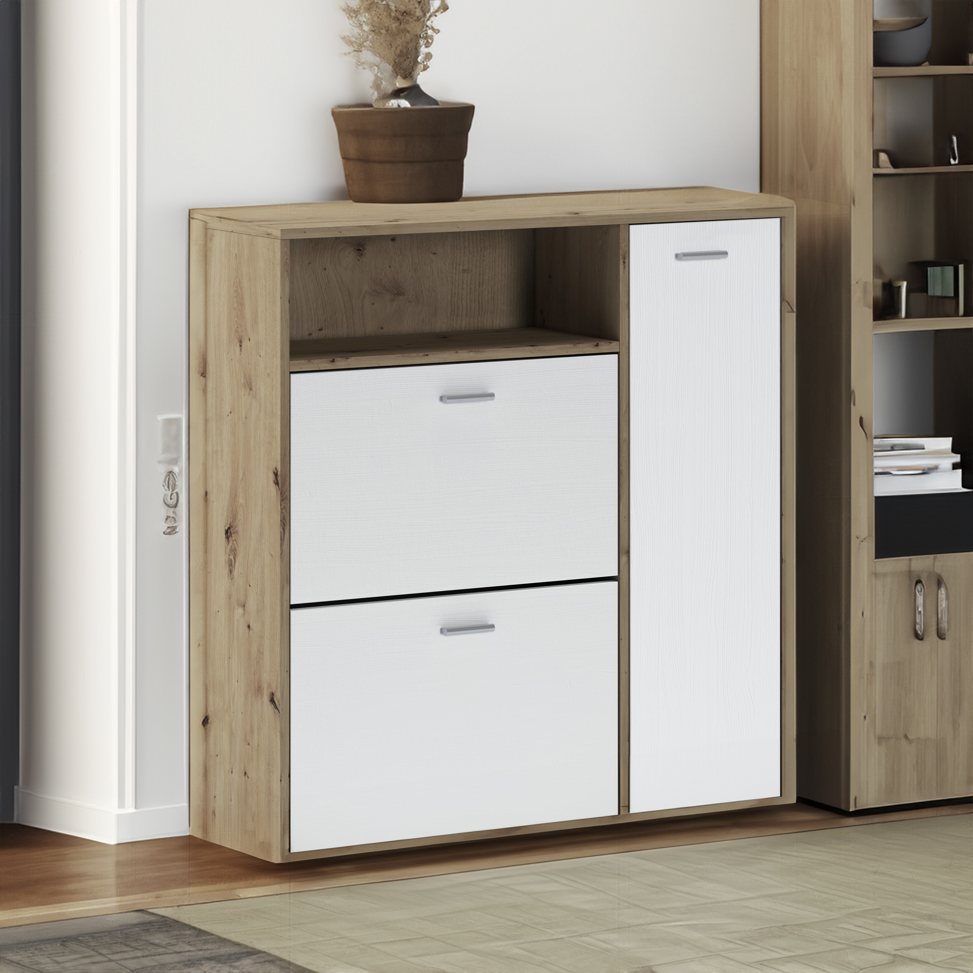 foto del prodotto dmora mobile da ingresso adriatico, entratina appendiabiti, composizione per atrio, consolle portaoggetti multifunzione, 92x27h94 cm, rovere e