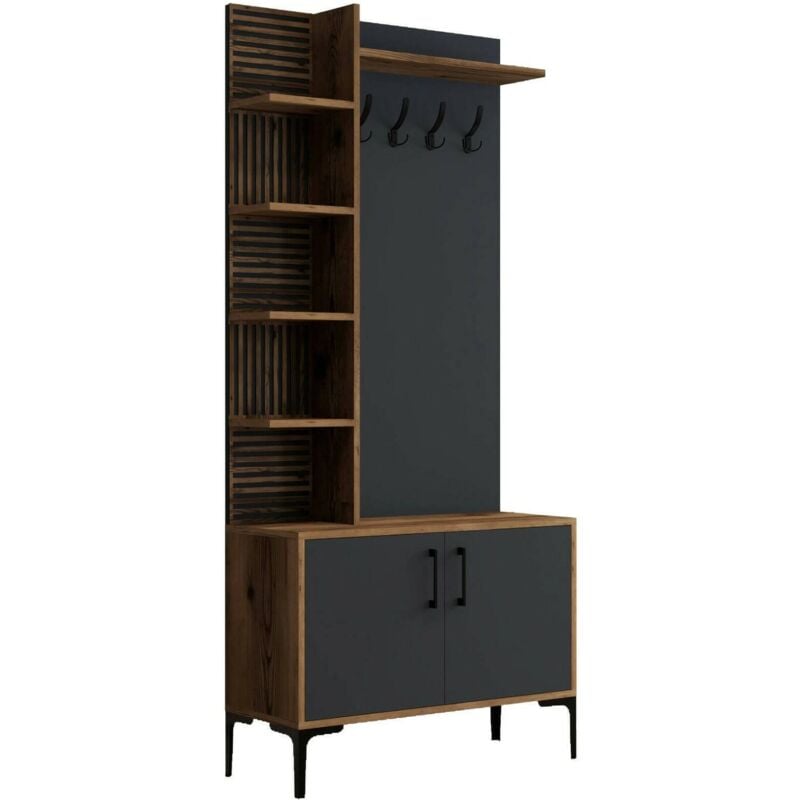 foto del prodotto dmora mobile da ingresso anja, entratina appendiabiti, composizione per atrio, consolle portaoggetti multifunzione, 90x35h200 cm, noce e antracite