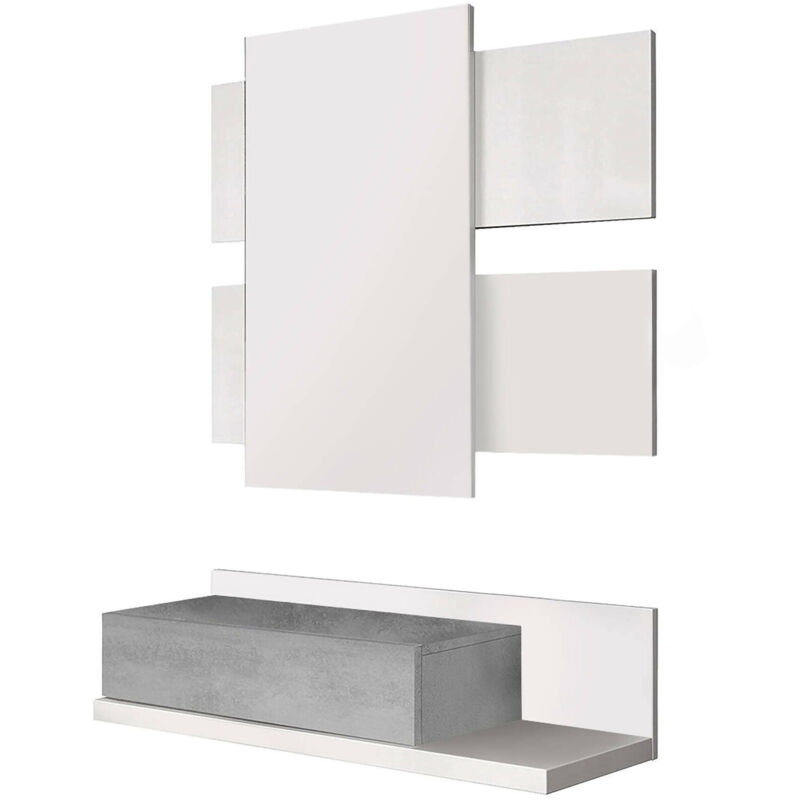 foto del prodotto dmora mobile da ingresso erie, entratina sospesa con specchio, mobile con cassetto per entrata, cm 75x29h90, bianco e cemento, con imballo
