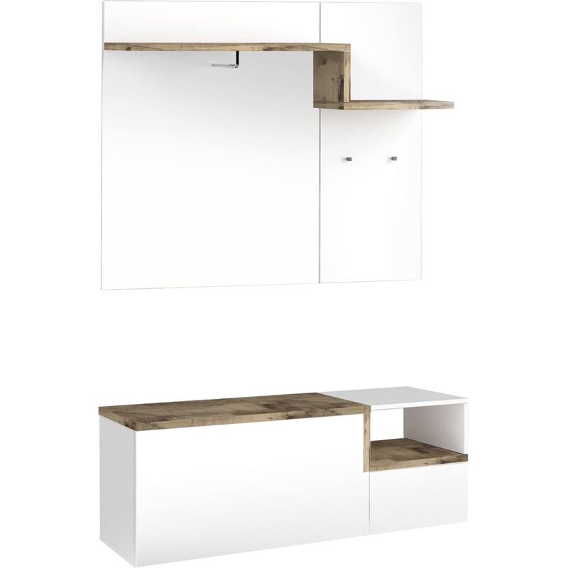 foto del prodotto dmora mobile da ingresso, made in italy, entratina con appendiabiti, scarpiera, cm 120x40h54, colore bianco lucido e acero, con imballo rinforzato