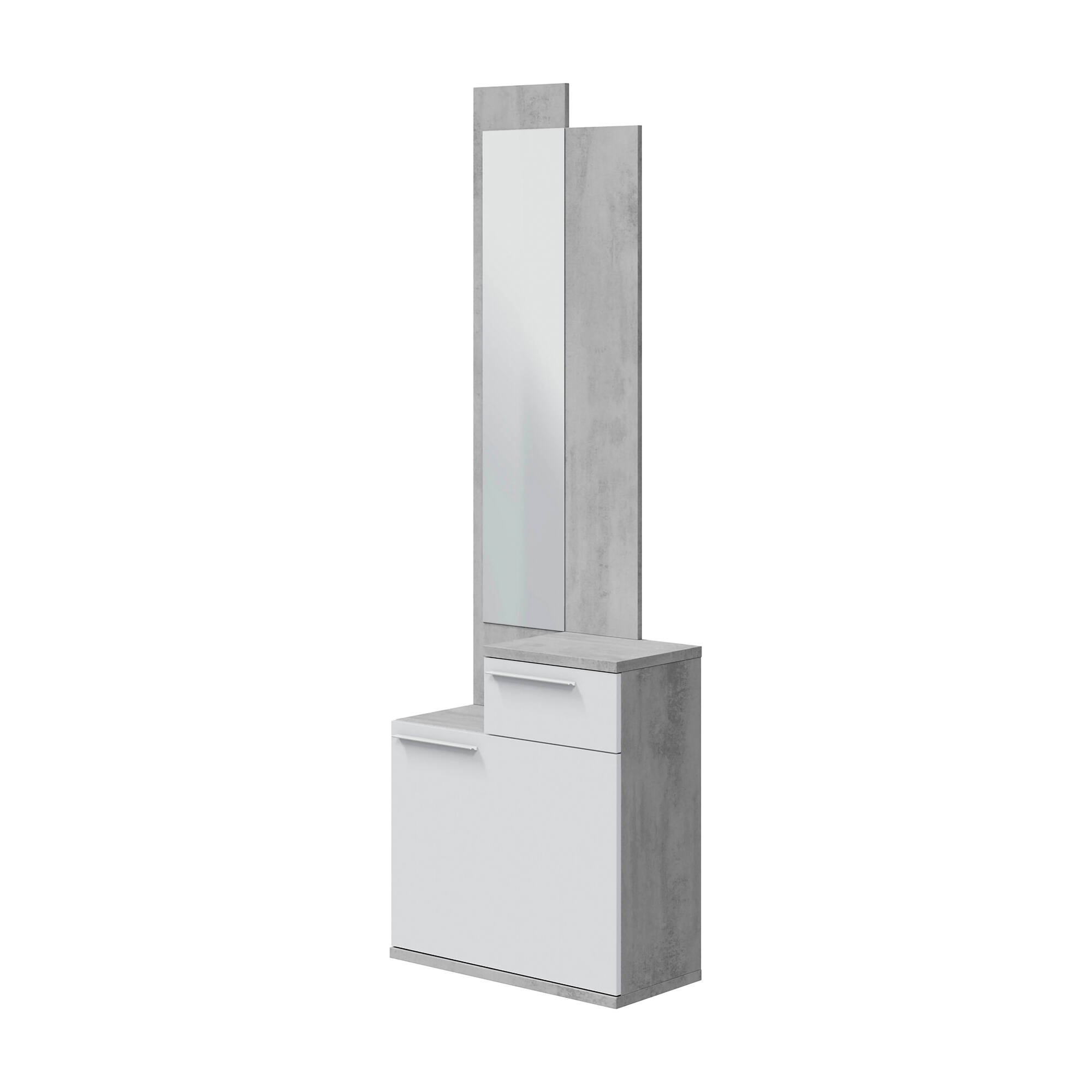 foto del prodotto dmora mobile da ingresso waltham, scarpiera multifunzione con specchio, armadio a 1 anta e 1 cassetto, 61x28h185 cm, cemento e bianco lucido, con