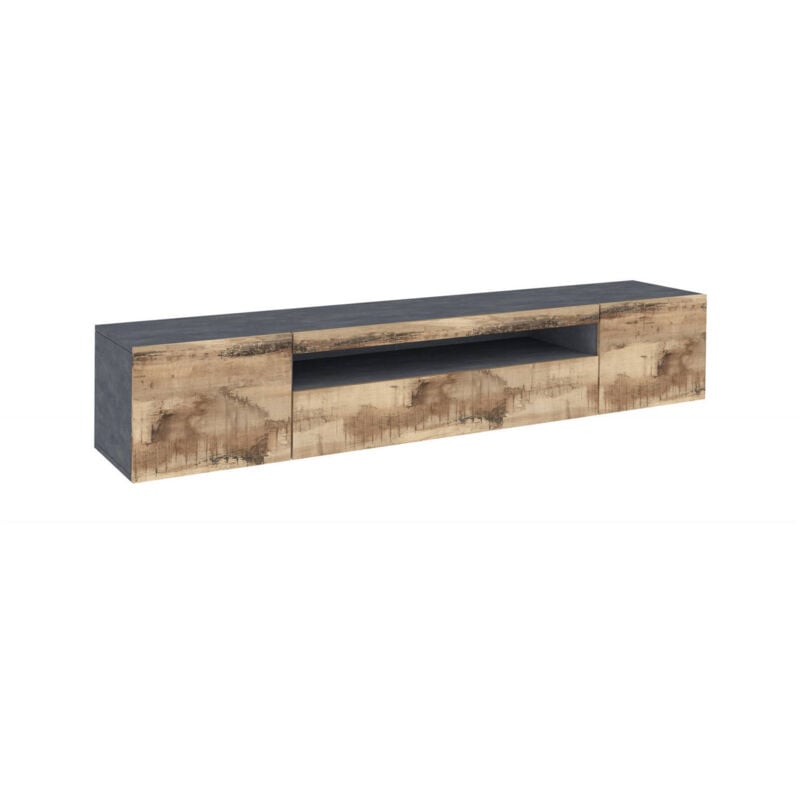 foto del prodotto dmora mobile da soggiorno porta tv, made in italy, supporto per tv in stile industrial a 3 ante e ripiani, cm 200x40h37, colore ardesia e acero,