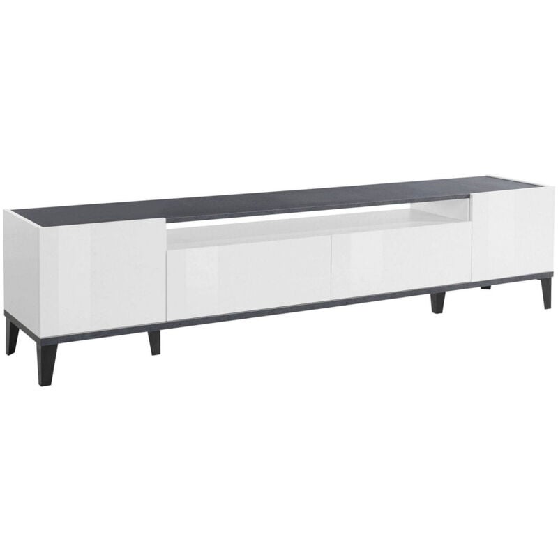 foto del prodotto dmora mobile porta tv abina, credenza bassa da soggiorno a 2 ante, base porta televisione, 100 made in italy, cm 200x40h47, bianco lucido e ardesia