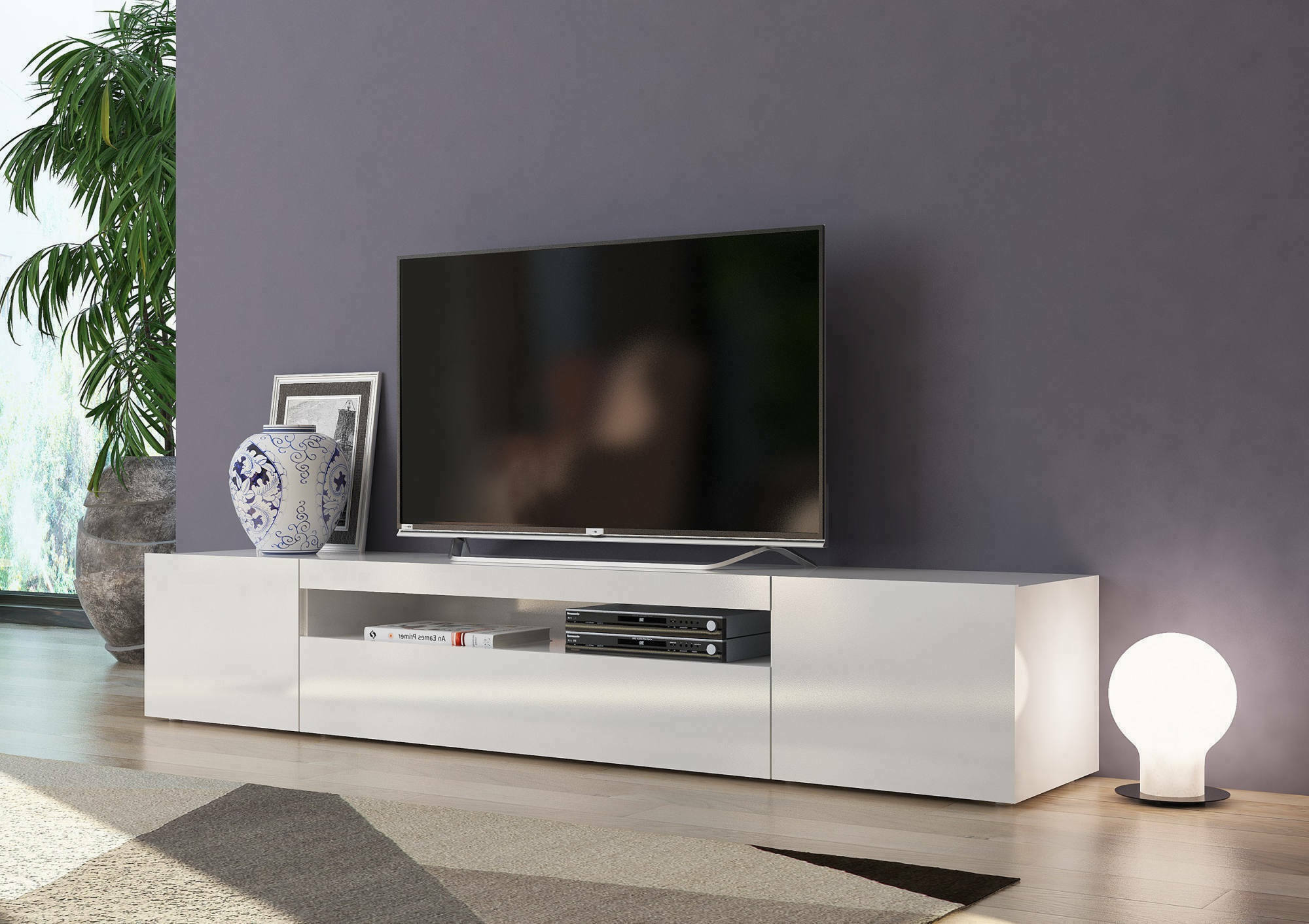 foto del prodotto dmora mobile porta tv amore, credenza bassa da soggiorno a 3 ante, base porta televisione, 100 made in italy, cm 200x40h37, bianco lucido