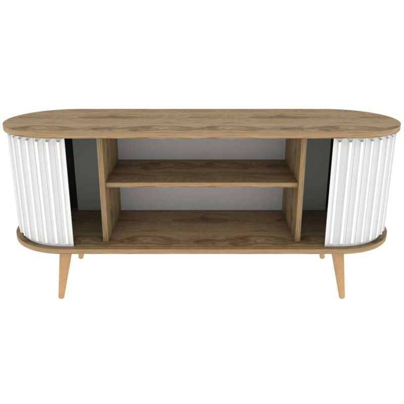 foto del prodotto dmora - mobile porta tv bailu, credenza da soggiorno, armadio basso per tv, base parete attrezzata, 140x43h64 cm, quercia e bianco