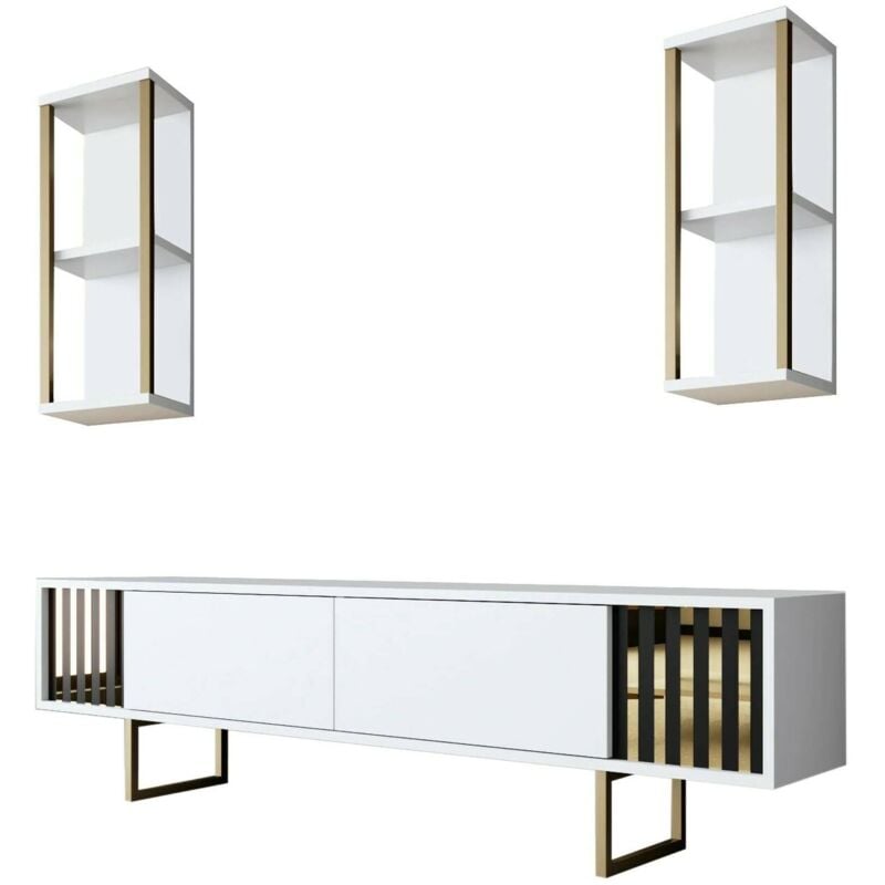 foto del prodotto dmora mobile porta tv eunomia, credenza da soggiorno, armadio basso per tv, base parete attrezzata, 180x30h48 cm, bianco e nero, con imballo