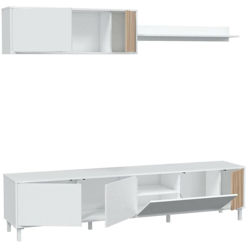 foto del prodotto dmora mobile porta tv woonsocket, armadietto soggiorno con ante, armadio pensile con mensola, credenza multiuso, 200x40h47 cm, bianco e rovere, con