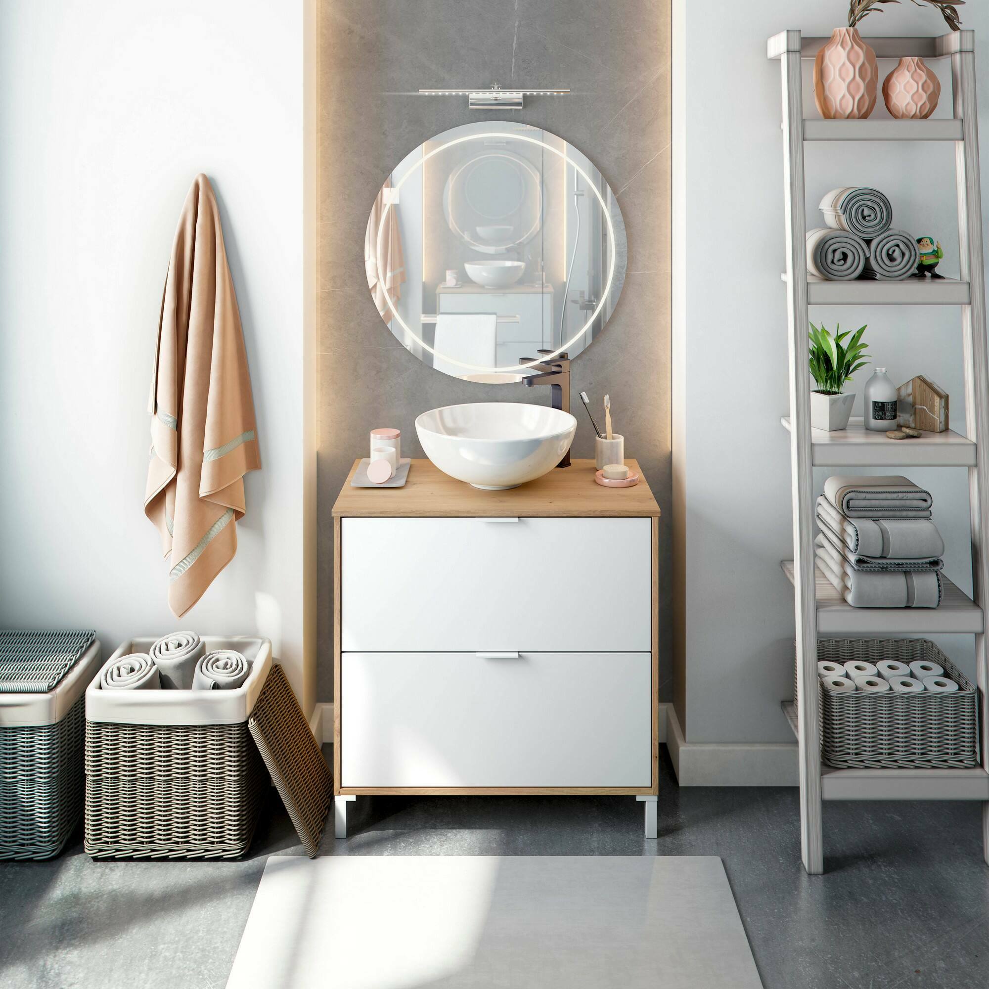 foto del prodotto dmora mobile sottolavabo bellegra, mobiletto da bagno, contenitore porta lavabo, armadio per lavandino, 79x46 h79 cm, rovere nodi e bianco lucido