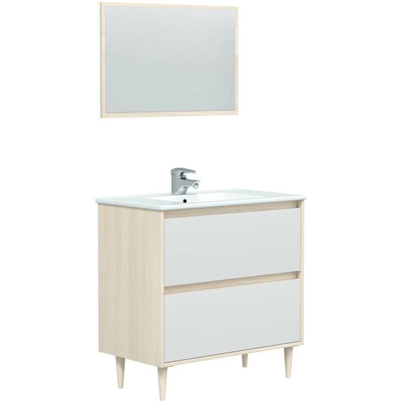 foto del prodotto dmora mobile sottolavabo berillo, sotto lavabo bagno, mobiletto da bagno con specchio, lavabo non incluso, 80x45h80 cm, bianco lucido e rovere