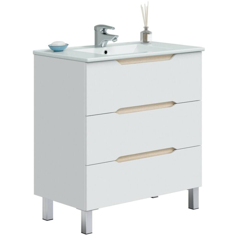 foto del prodotto dmora mobile sottolavabo dianmu, mobiletto da bagno, contenitore porta lavabo, armadio per lavandino, 80x45 h86 cm, bianco lucido e rovere