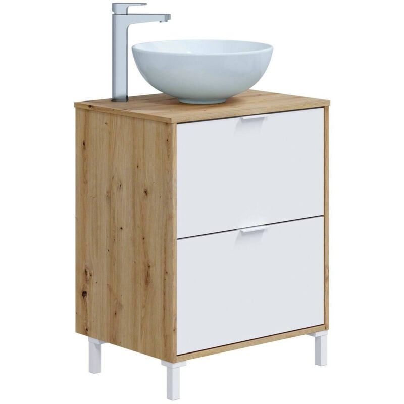 foto del prodotto dmora mobile sottolavabo lisbona, mobiletto da bagno, contenitore porta lavabo, armadio per lavandino, 61x46 h79 cm, rovere nodi e bianco lucido