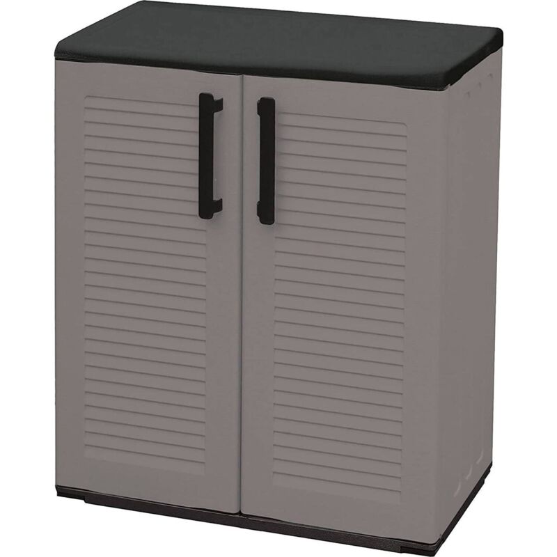 foto del prodotto dmora mobiletto multiuso da esterno o interno, armadio basso a 2 ante e 3 ripiani in polipropilene, 100 made in italy, cm 68x37h84, colore grigio,