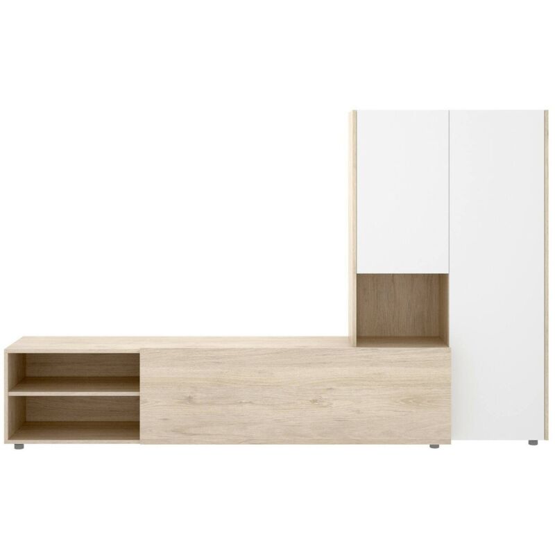 foto del prodotto dmora parete attrezzata abrino, composizione soggiorno, mobile salotto multiuso, armadio porta tv, 227x40 h141 cm, bianco e rovere