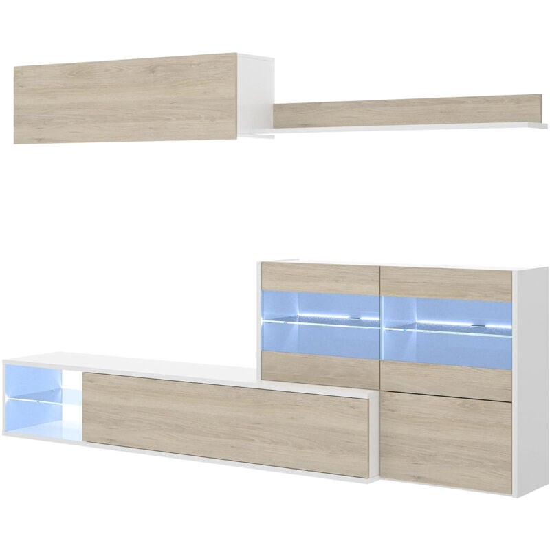 foto del prodotto dmora parete attrezzata agio, set da soggiorno modulare ad angolo, mobile salotto multiposizione con luce led, 260x41h180 cm, rovere e bianco lucido