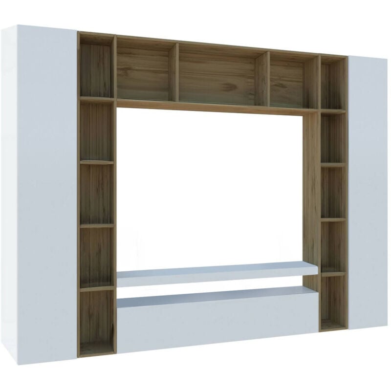 foto del prodotto dmora parete attrezzata austis, set salotto porta tv a 3 ante, mobile soggiorno multiuso, 100 made in italy, cm 270x35h210, bianco lucido e rovere