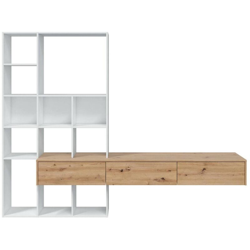 foto del prodotto dmora parete attrezzata bellusco, set da soggiorno con 3 cassetti, libreria salotto multiuso, 226x28h173 cm, bianco e rovere nodi