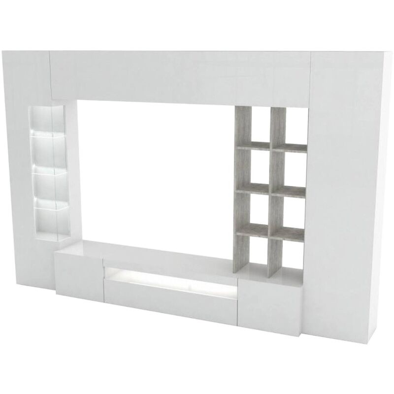 foto del prodotto dmora parete attrezzata da soggiorno, made in italy, base porta tv e pensili e scaffali, set salotto moderno, cm 290x40h192, colore bianco lucido e