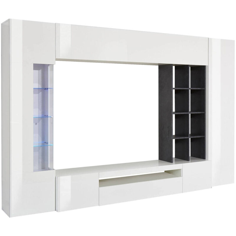 foto del prodotto dmora parete attrezzata da soggiorno, made in italy, con luce led blu, base porta tv e pensili e scaffali, cm 290x40h192, colore bianco lucido e