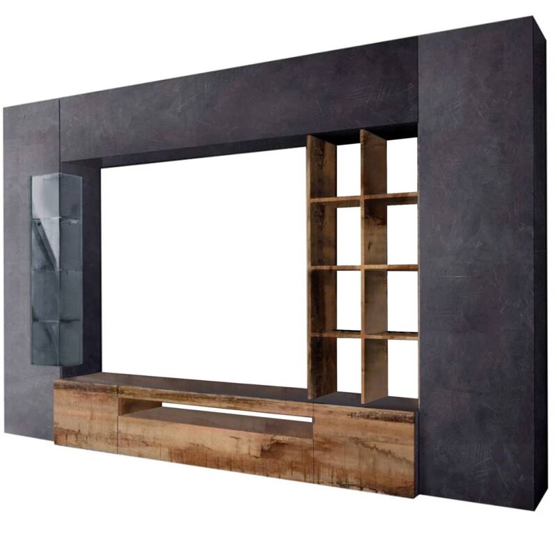 foto del prodotto dmora parete attrezzata da soggiorno, made in italy, con luce led blu, base porta tv e pensili e scaffali, set salotto moderno, cm 290x40h192,