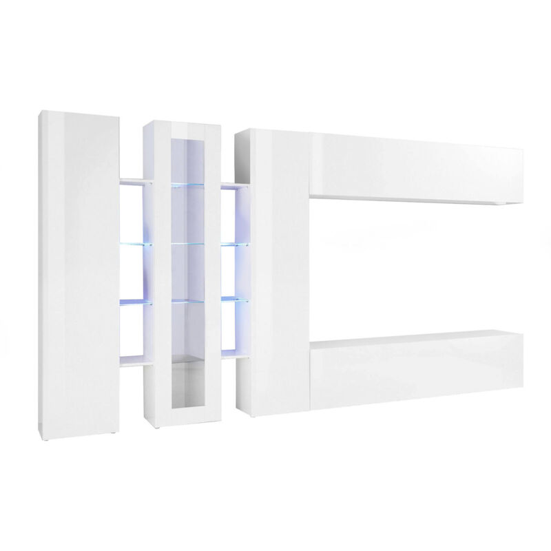 foto del prodotto dmora parete attrezzata da soggiorno, made in italy, con luce led blu, base porta tv e pensili e scaffali, set salotto moderno, cm 340x30h180, colore