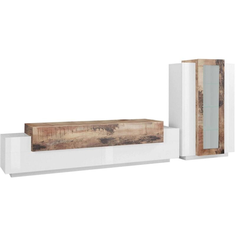 foto del prodotto dmora parete attrezzata da soggiorno modulare, made in italy, con luce led bianca, base porta tv e vetrina, set salotto moderno, cm 290x45h121,