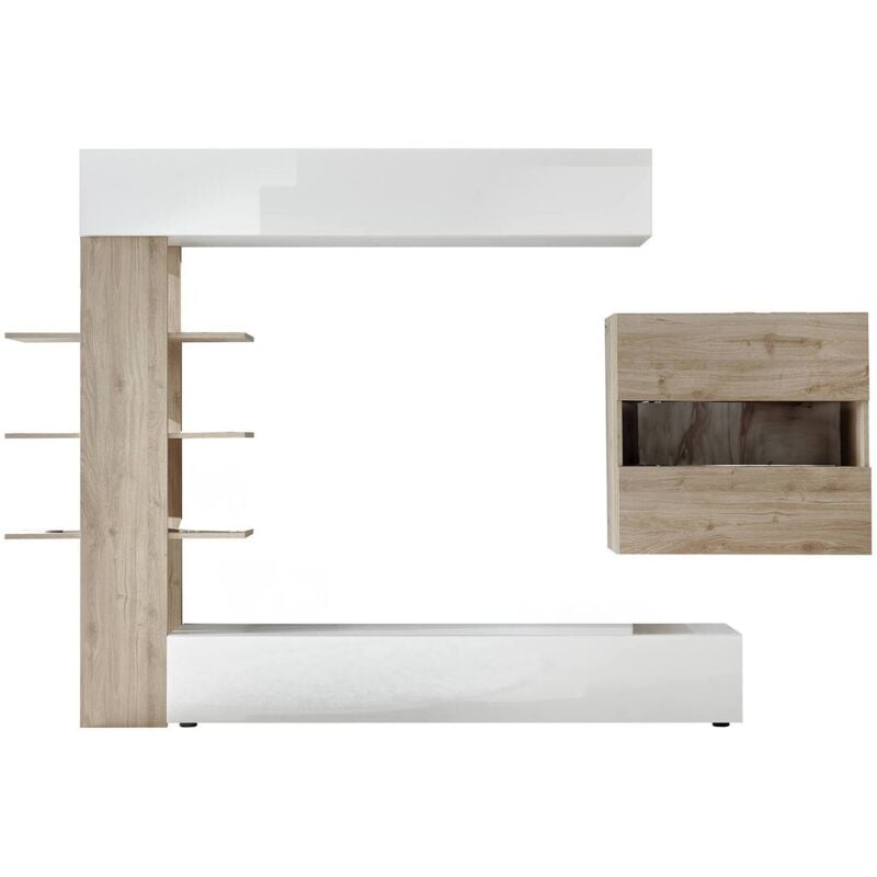 foto del prodotto dmora parete attrezzata da soggiorno reversibile, made in italy, mobile porta tv, set salotto moderno, cm 295x30h197, colore bianco lucido e