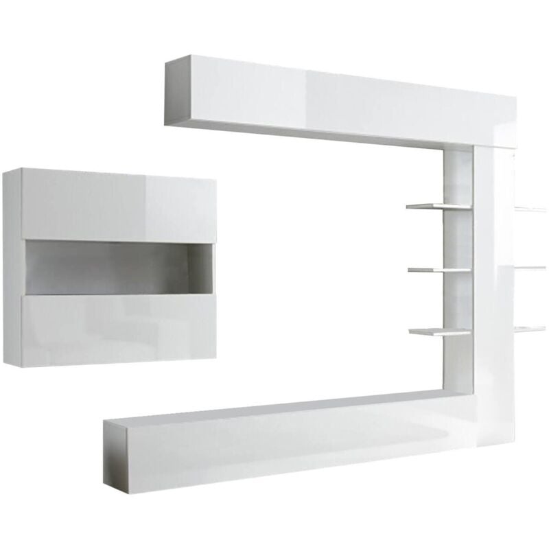 foto del prodotto dmora parete attrezzata da soggiorno reversibile, made in italy, mobile porta tv, set salotto moderno, cm 295x30h197, colore bianco lucido e opaco,