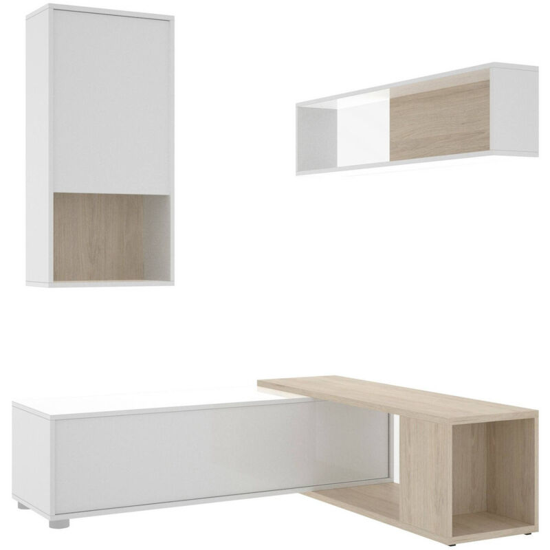 foto del prodotto dmora parete attrezzata denali, set da soggiorno modulare ad angolo, mobile salotto multiposizione, 230x41h180 cm, bianco e rovere, con imballo