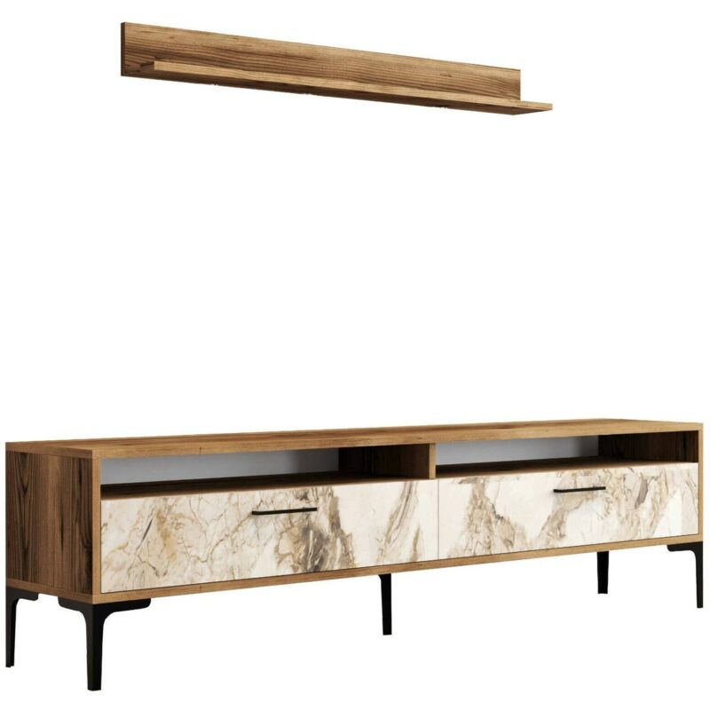 foto del prodotto dmora parete attrezzata edasich, composizione soggiorno, mobile salotto multiuso, armadio porta tv, 180x35h47 cm, noce e bianco marmo, con imballo