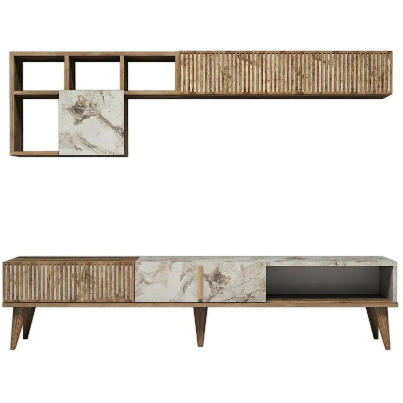 foto del prodotto dmora parete attrezzata gemini, composizione soggiorno, mobile salotto multiuso, armadio porta tv, 180x35h40 cm, noce e bianco marmo, con imballo