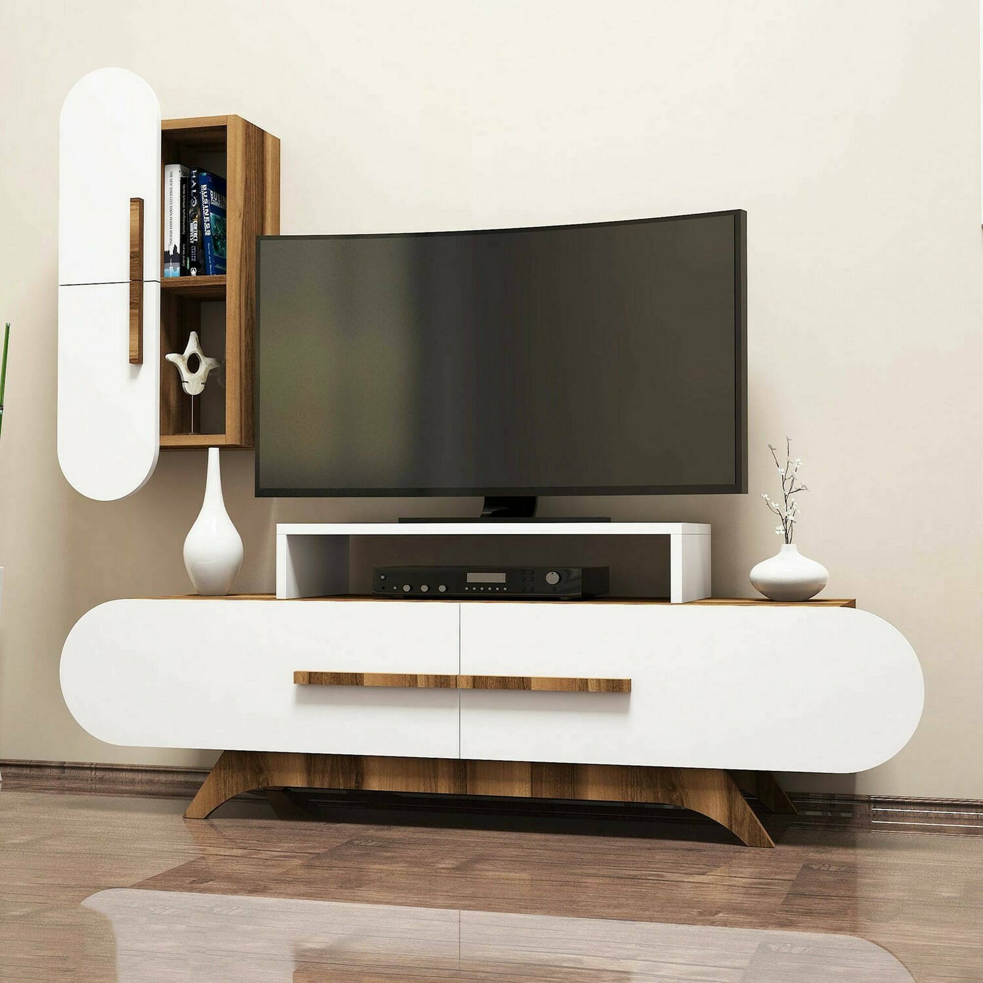 foto del prodotto dmora parete attrezzata ifigenia, composizione soggiorno, mobile salotto multiuso, armadio porta tv, 145x37h50 cm, noce e bianco