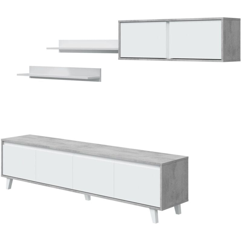 foto del prodotto dmora parete attrezzata kaya, set da soggiorno, mobile salotto multiuso, parete attrezzata moderna, 200x41h50 cm, cemento e bianco lucido
