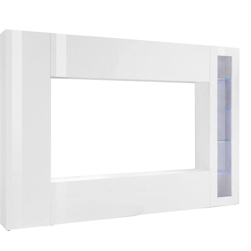 foto del prodotto dmora parete attrezzata luigi, set salotto porta tv a 4 ante, mobile soggiorno multiuso, 100 made in italy, cm 260x30h180, bianco lucido, con luce