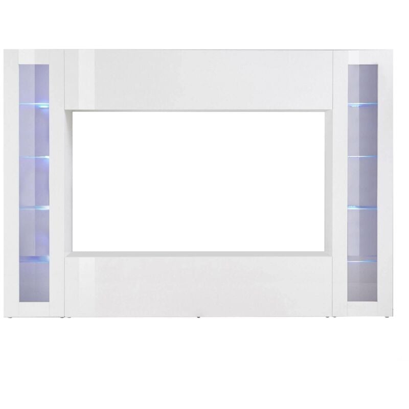 foto del prodotto dmora parete attrezzata luigi, set salotto porta tv a 4 ante, mobile soggiorno multiuso, 100 made in italy, cm 260x30h180, bianco lucido, con luce