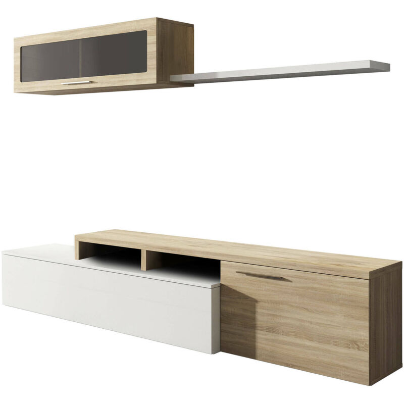 foto del prodotto dmora parete attrezzata, mobile soggiorno porta tv, composizione salotto reversibile, set salotto ad angolo, cm 200x41h44, rovere e bianco lucido